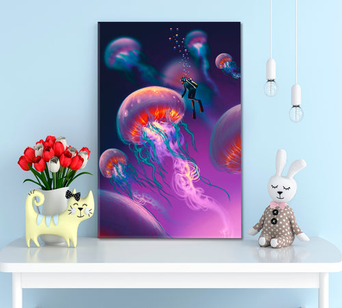 Large Jellyfish and Divers Purple Imagination Underwater