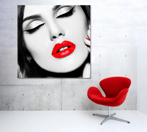 BEAUTY RED LIPS Glamor Hairstyle High Fashion Women Face