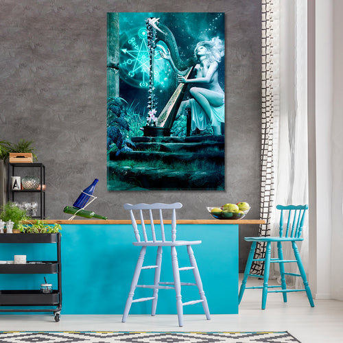 Fairy Harp Music Night Fantasy Scenery with a Girl Playing Harp Canvas Print - Vertical