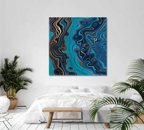 TURQUOISE BLUE AND GOLD VIENS Marble Effect Pattern Trendy Canvas Print - Square