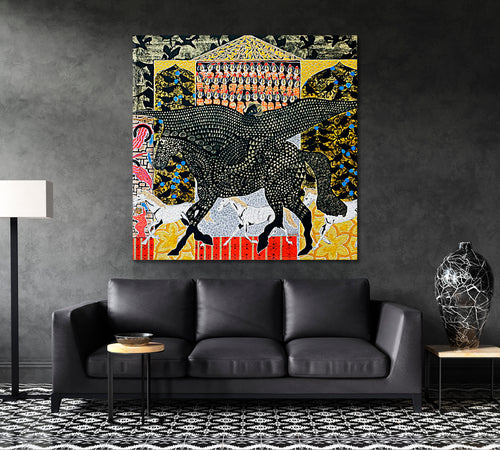 Defiant Pegasus Inspired Boho Pattern Figurative Abstract Collage