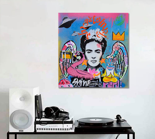GRAFFITI Frida Kahlo Abstract Vivid Art Basquiat Style Basquiat Crown - Square Panel