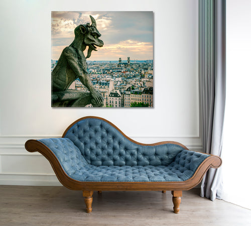 Paris Skyline with the French Gargoyle Photo Art Canvas Print | Square Panel