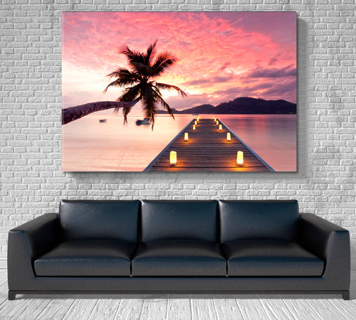 Romantic Pink Sunset Jetty Tropical Beach Picturesque Landscape