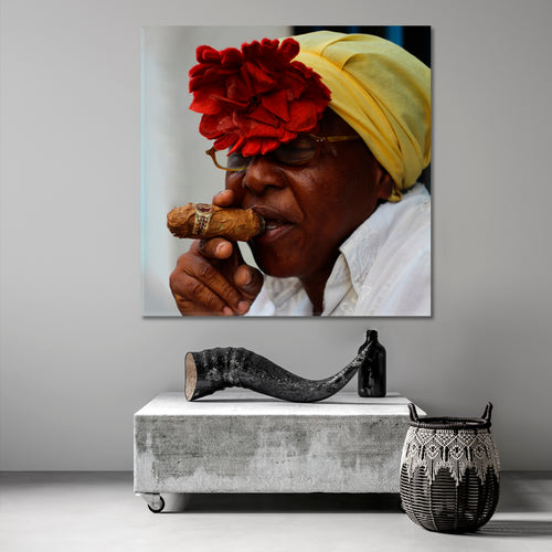 HAVANA Cuban African American Woman Cigar Smoking Head Scarf | Canvas Print - Square Panel