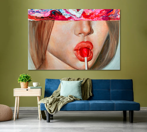 LOLLIPOP | Lollypop Candy-Coated Sweet Candy Red Lips Art Fantasy Woman Modern Fashion Canvas Print