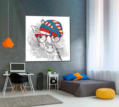 SUPERSTAR Cute Giraffe Hipster USA Hat Baby Room Canvas Print | Square Panel