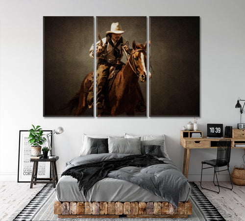 WILD WEST Vintage Western Cowboy Riding Horse with Gun Retro