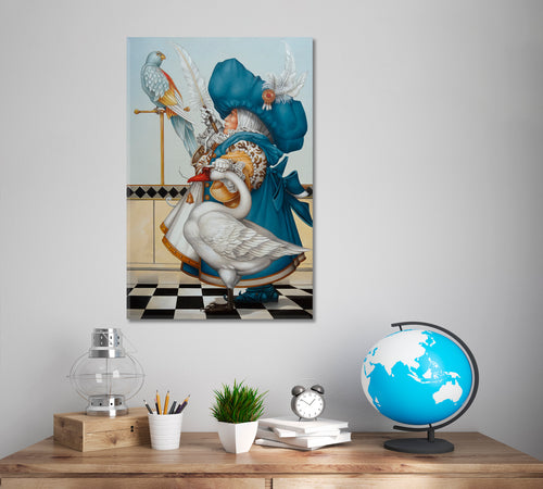 Gnome with Goose Surrealism Painting on Canvas Giclée Print | Vertical