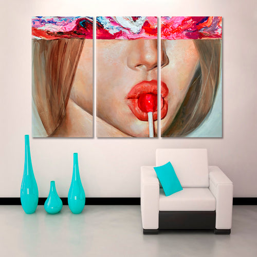 LOLLIPOP | Lollypop Candy-Coated Sweet Candy Red Lips Art Fantasy Woman Modern Fashion Canvas Print