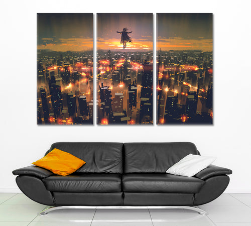 Man Floating Sky Over City Fantasy Surreal Painting
