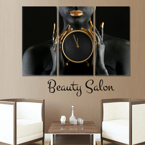 TIME FOR BEAUTY Beautiful Woman & Clock Black Gold Paint