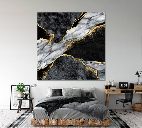 Beautiful Black Gtey & Gold Marble Canvas Print - Square