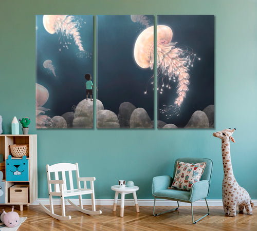 Fantasy Landscape Boy Giant Jellyfish Imaginary Surreal Painting