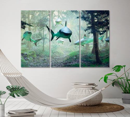 Fantasy Landscape Sharks Swimming in Forest