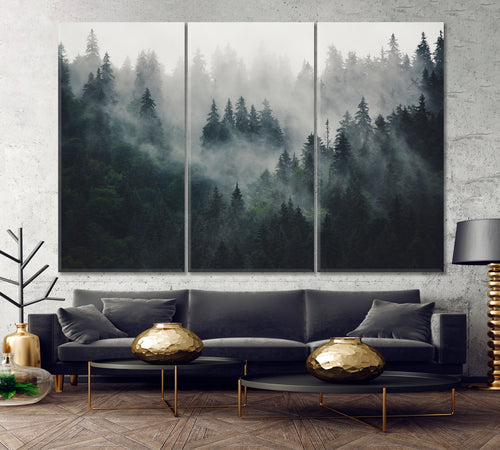 Misty Landscape Fir Forest in Hipster Vintage Retro Style Canvas Print