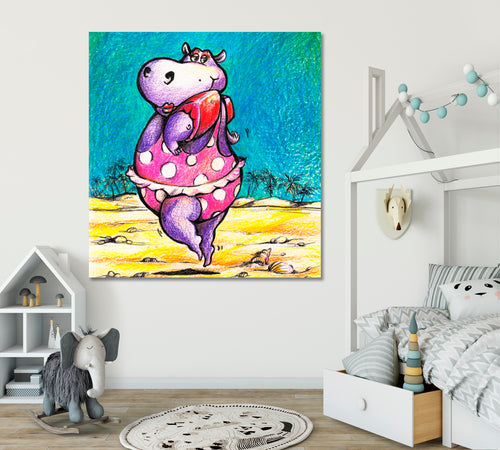 CUTE HIPPO  | Hippopotamus Whimsical Animals Kids Room, Bathroom Canvas Print - Square Panel