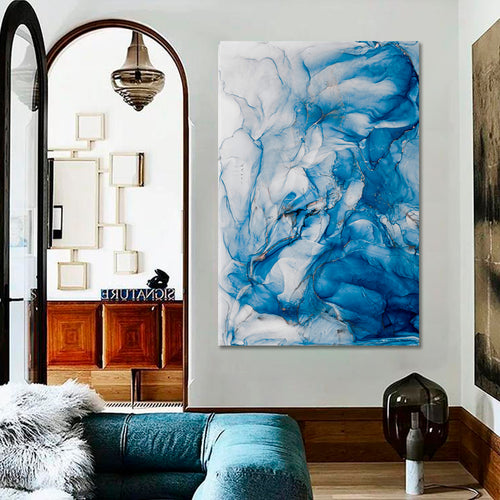 Sky Blue Ink Abstract Marble Modern Fluid Art - Vertical