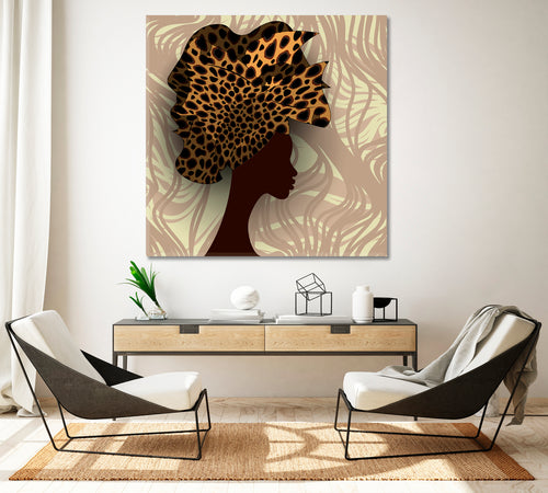 African Woman Portrait Soft Beige Tones Jungle Afro Safari Tropical Pattern