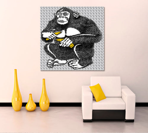 MONKEY Gorilla with Bananas Floral Background Abstract Art