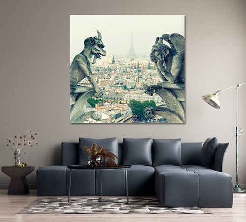 Gargoyle and Chimera from Notre Dame de Paris Vintage Style Canvas Print | Square Panel