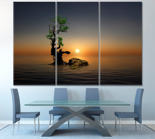 Silent Morning on the Beach Lonely Tree Fantasy Landscape Canvas Print