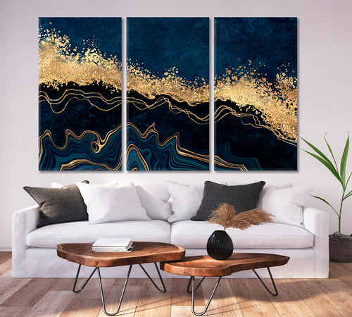 Abstract Dark Blue with Golden Effect Marble Artistic Design Giclée Print
