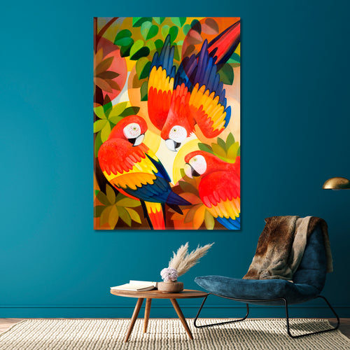 BIRDS AND RAINFOREST Adorable Wild Macaw Parrots Tropical Abstract