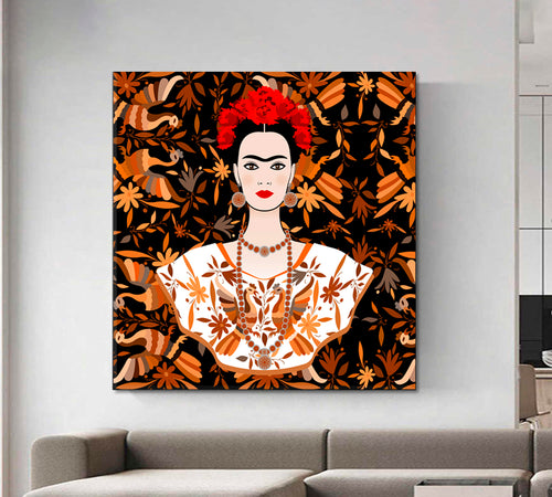 FRIDA KAHLO  Abstract Art Frida Ethnic Mexican Tapestry Flowers Peacocks - Square Panel
