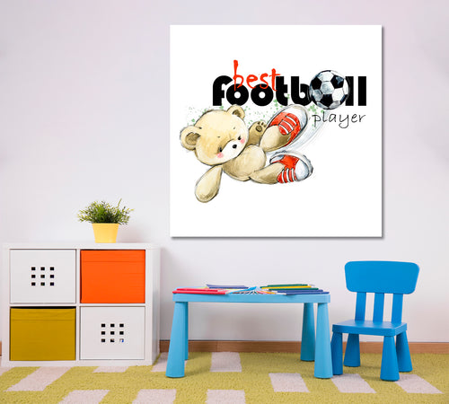Cute Teddy Bear Soccer Player Football Sweet Kids Baby Nursery Room Canvas Print | Square Panel