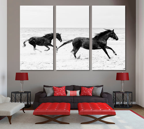 Horses Gallop Running on the Seashore Freedom Wildness Black and White