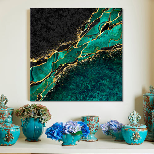 MALACHITE Japanese Kintsugi Technique Abstract Green Black Marble with Gold Veins Stone Canvas Print - Square