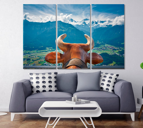 Cow Horns And Switzerland Mountain Landscape Poster