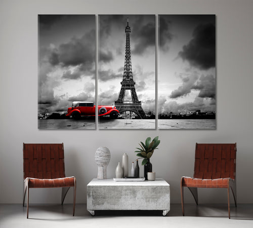 Eiffel Tower Paris France Red Retro Car Black and White Vintage Artistic