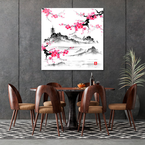Oriental Landscape Sakura Branches Lake Hills Traditional Japanese Art | Square