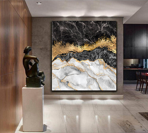 Black & Gold Abstract Marble Effect Canvas Print - Square