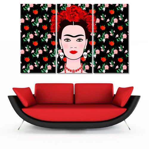FRIDA KAHLO Portrait  Young Beautiful Mexican Woman Traditional Hairstyle Mexican Earrings Skulls Floral Background