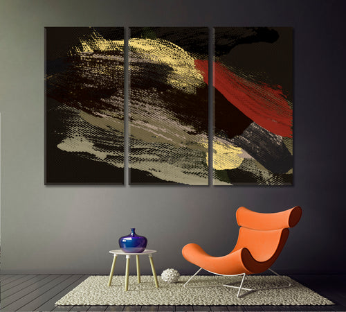 Red Yellow Khaki Brush Strokes Of Fat Paint On Black Modern Art