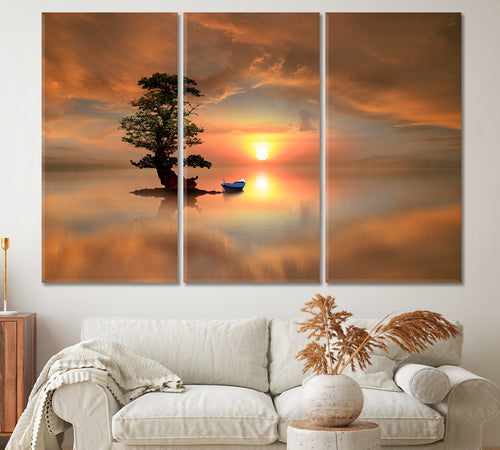 LONELY TREE Boat Artistic Landscape Scenery Pictorial Art Canvas Print