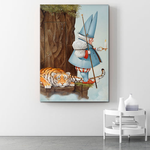 SECRET DOOR Gnome With Candle & Tiger Surrealistic Painting