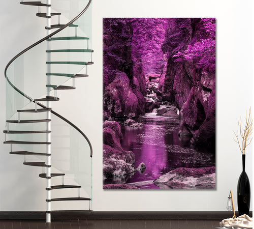 Beautiful Ethereal Landscape Deep-sided Gorge Rock Walls Stream Flowing Surreal Purple Foliage - Vertical