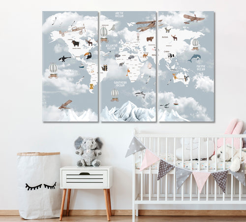 WORLD MAP Animals Map for Kids Nursery Room