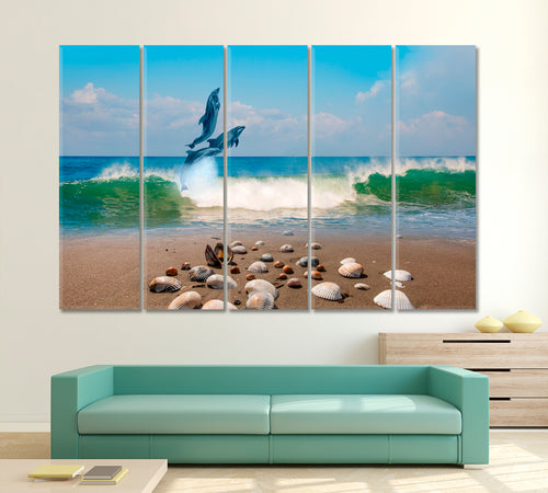 DOLPHINS | Dolphins Group Jumping Sea Wave Beautiful Seascape Blue Sky Canvas Print