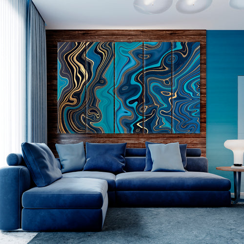 MARBLE EFFECT series Turquoise Navy Blue & Gold Abstract Swirl Artistic Design Giclée Print