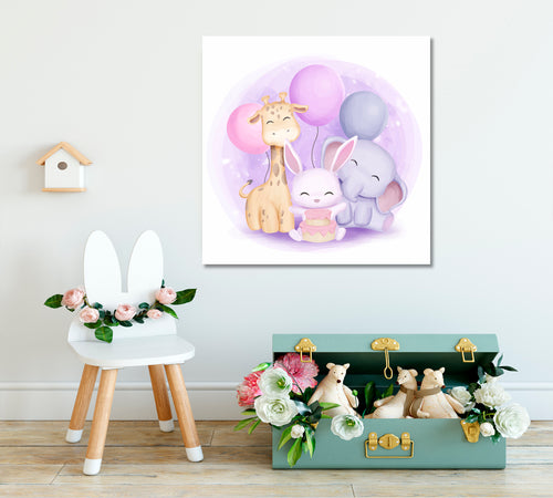 Cute Little Giraffe Rabbit and Elephant Sweet Kids Baby Nursery Art Print | Square Panel
