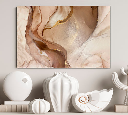 Abstract Marble Beige Golden Veins Neutral Earth Tones Ink Painting