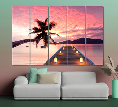 Romantic Pink Sunset Jetty Tropical Beach Picturesque Landscape