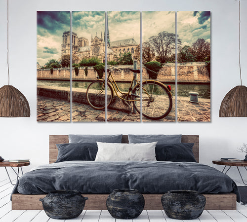 Retro Bicycle Notre Dame Old Cathedral Paris France Seine River