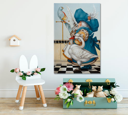 Gnome with Goose Surrealism Painting on Canvas Giclée Print | Vertical