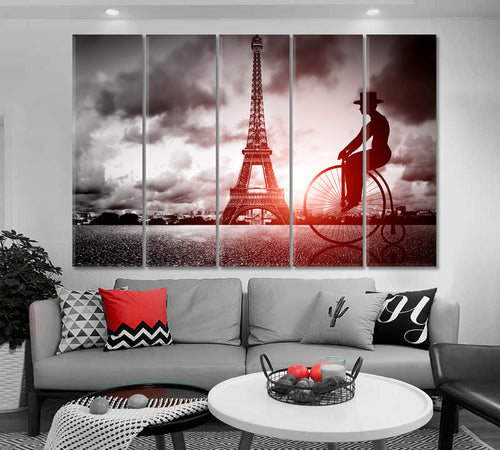 Man on a Retro Bicycle Eiffel Tower Paris France Black & White Vintage Canvas Print